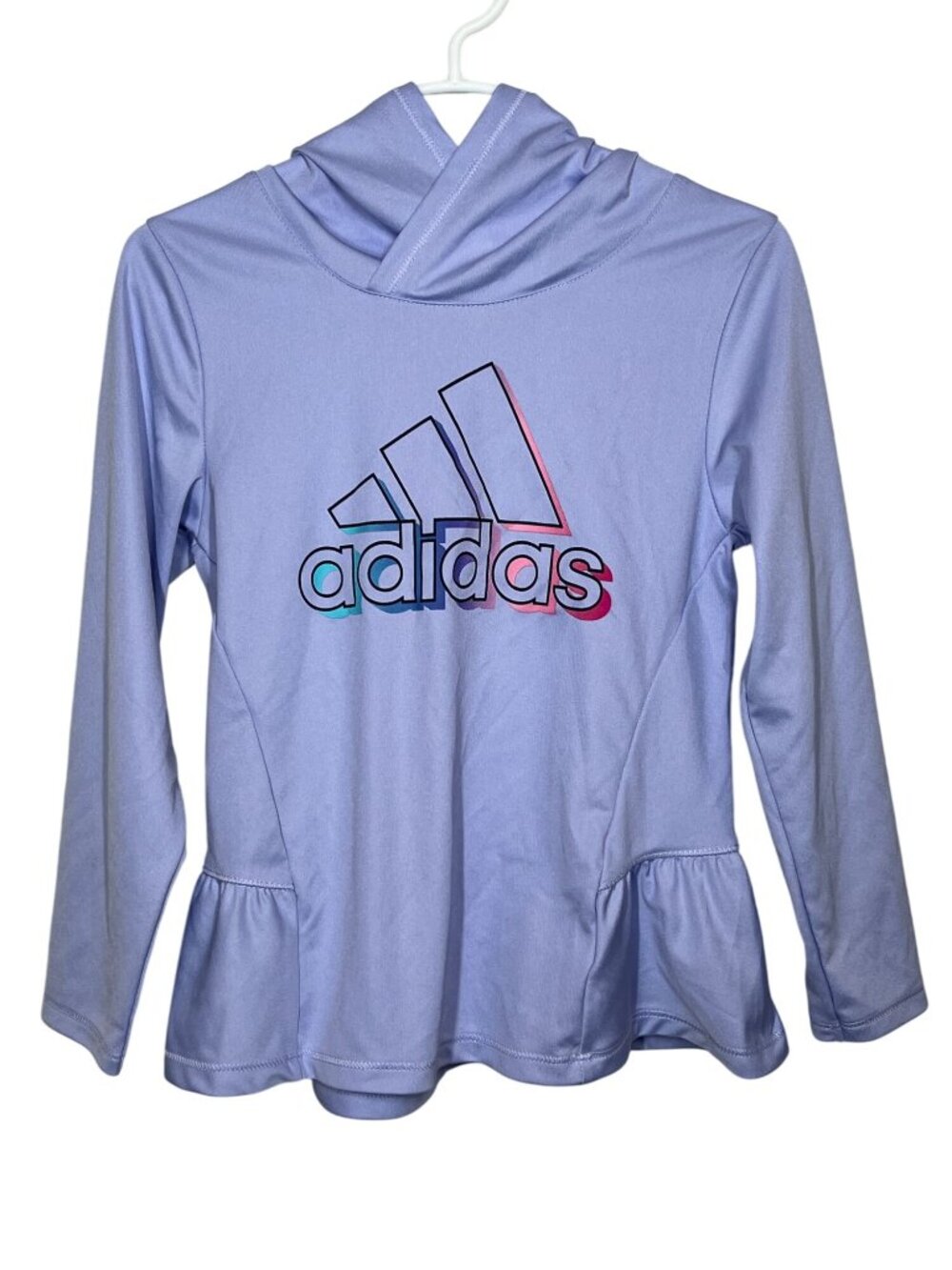 Adidas Girls Purple Blue Hoodie Size 4 Peplum Hem Logo Athletic Top
